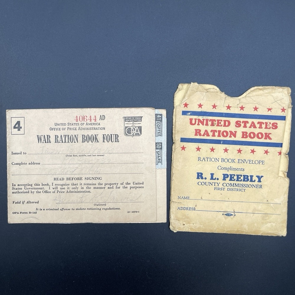 WWII War Ration Book 4 Travis OK w Stamps + R.L. Peebly Envelope